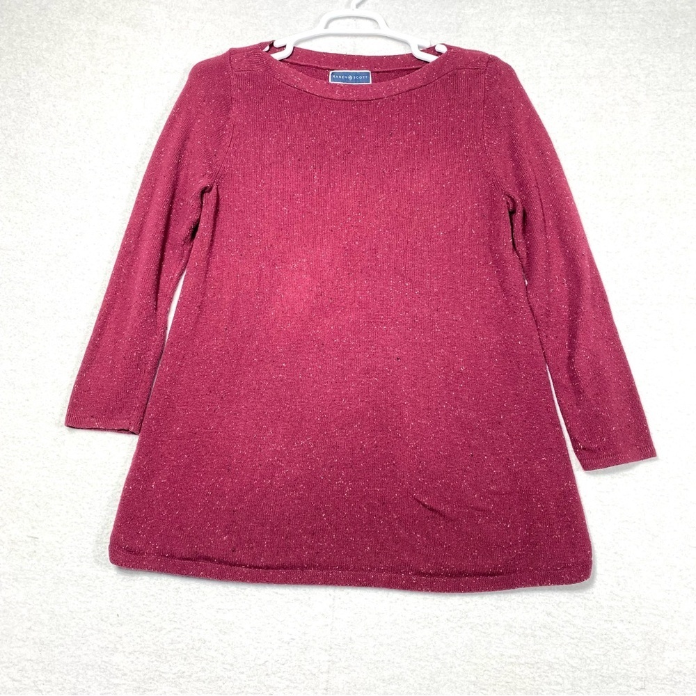 Karen Scott Speckled Tunic Sweater Women's L Merlot Curved Casual Cozy Pullover